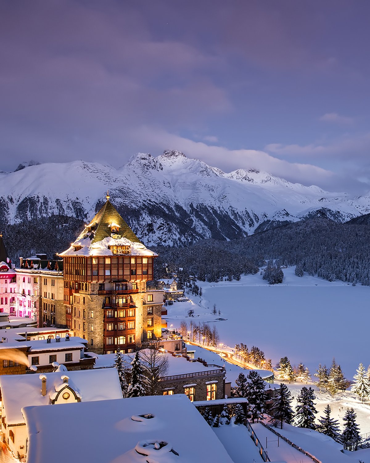 Badrutt's Palace above the frozen lake at St. Moritz